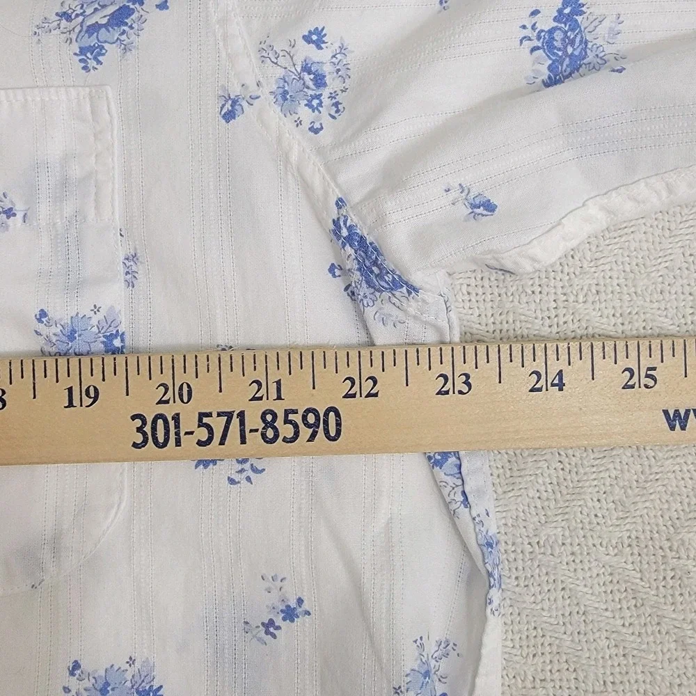 Bonsoir 100% Cotton Nightshirt Short Sleeve White Blue‎ Floral Button Front Sz L